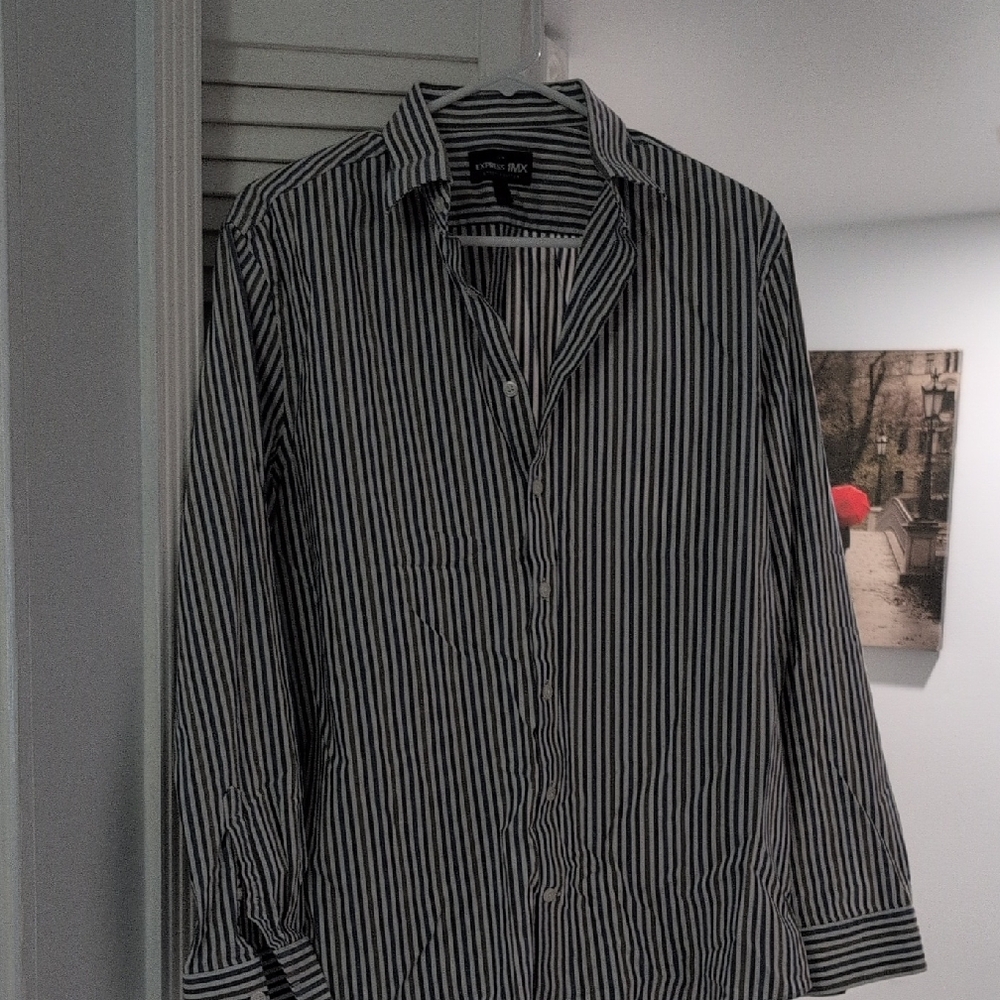 Express Black and White Vertical Striped Dress Shirt